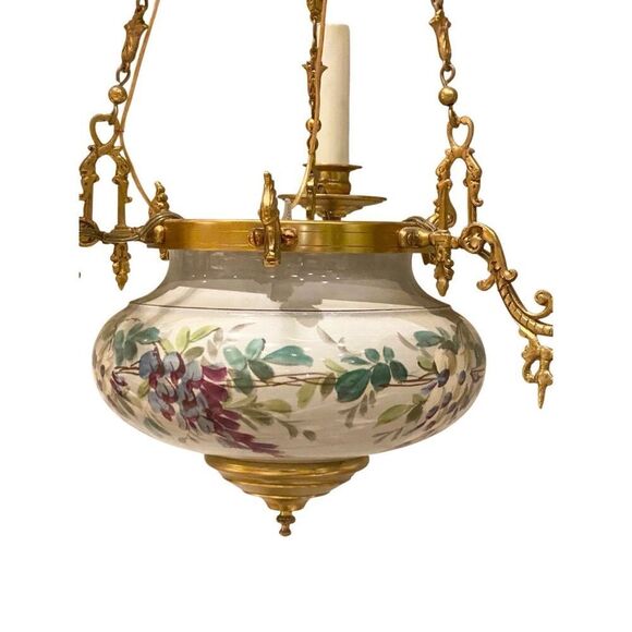 Antique Louis XVI-style Neoclassical Hand Painted Ceramic Light Fixture Hanging - Picture 1 of 9